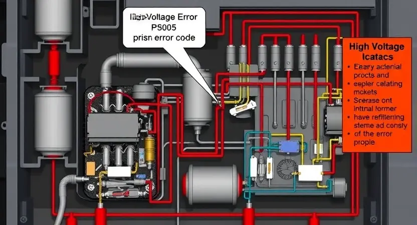 A detailed diagram of a high-voltage electrical system, highlighting the P3005 error code location. Show components like transformers, capacitors, and wiring. Use color-coding to indicate potential fault areas. Focus on the internal workings of a high-voltage component where the error might originate.
