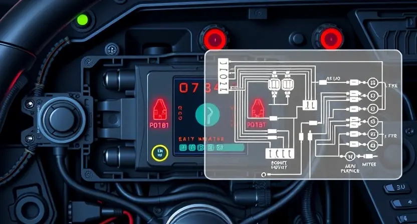 A detailed illustration of an automotive engine control unit (ECU) with various sensors and wiring. The ECU should be highlighted with glowing lines indicating potential errors. Around the ECU, depict a dashboard with warning lights illuminated, symbolizing a P0181 error. Include a schematic diagram overlay showing the relevant circuits and components.