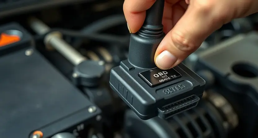 A close-up, detailed image of a car's OBD-II port with a mechanic's hand inserting a diagnostic tool. The background should show a blurred view of a car's engine bay. Focus on the connection between the tool and the port, highlighting the diagnostic process.