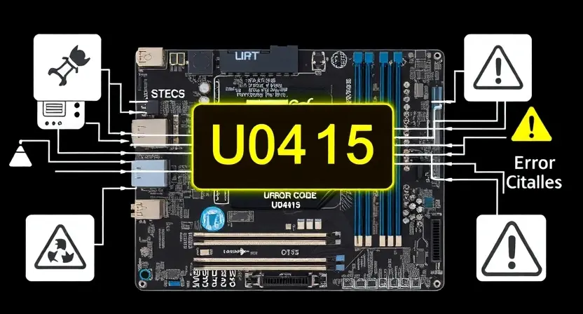 A high-quality technical illustration showing a computer motherboard with a highlighted error code U0415 displayed on a diagnostic screen, surrounded by schematic diagrams of circuit components and warning icons, clean and professional visual style