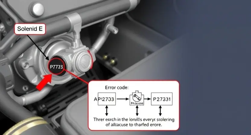 A detailed illustration of a car's automatic transmission solenoid (E) with a visual representation of the P2723 error code. The solenoid should be clearly labeled, and the error code displayed near it. Include schematic diagrams showing the solenoid's connections and potential causes of failure.