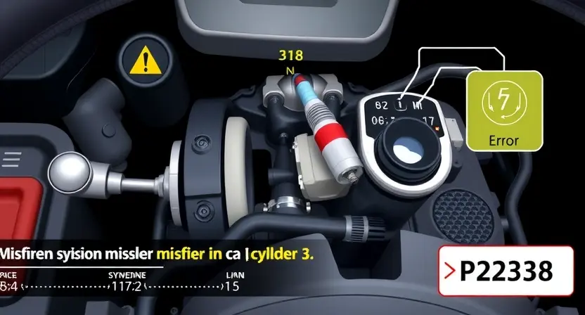 A high-quality technical illustration of a car engine showing a warning light on the dashboard indicating a misfire in cylinder 3, with a close-up view of the engine's third cylinder, spark plug, and fuel injector, surrounded by diagnostic symbols and error code P2338, clean background, no text or numbers on the image