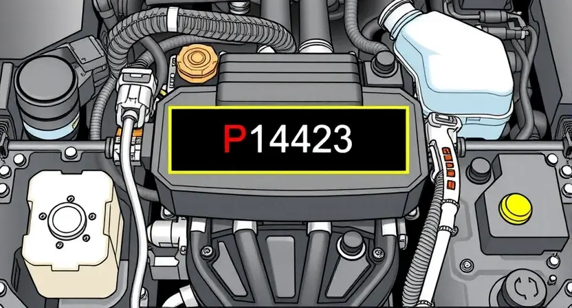 A detailed technical illustration of a car engine control module with highlighted error code P1423, showing diagnostic tools and repair components, clean and professional visual style