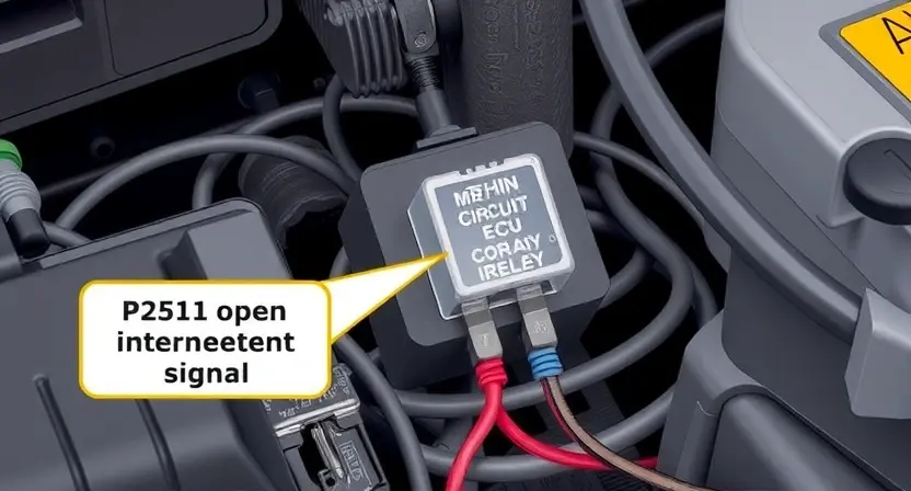A detailed illustration of a car engine control unit (ECU) with a highlighted main relay circuit. The image should show the relay in a partially open position, indicating an intermittent signal issue. Include visual elements like electrical connections, wires, and a close-up of the relay contacts to emphasize the problem described by the P2511 error code.