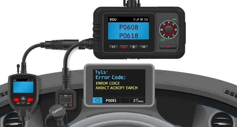 A detailed illustration of a car's engine control unit (ECU) with various diagnostic tools connected. Focus on the ECU's display showing a P0608 error code. Include a visual representation of the error code and its meaning.