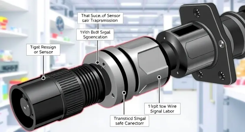 A detailed illustration of a transmission sensor, highlighting its components and connections. The image should depict a close-up view of the sensor, with clear labels indicating key parts like the sensor body, signal wires, and mounting bracket. The background should be a clean, technical environment, possibly a workshop or laboratory setting.