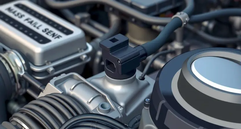 A close-up, detailed illustration of a car's engine bay. Focus on the mass airflow sensor (MAF sensor) and its surrounding components. The image should convey a sense of technical precision and clarity, highlighting the sensor's location and connection points. The overall color palette should be realistic, reflecting the metallic and plastic textures of the engine components. The background should be slightly blurred to emphasize the MAF sensor.