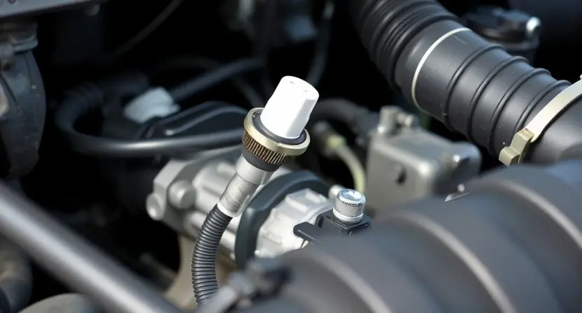 A close-up shot of a car's engine bay, focusing on the engine coolant temperature sensor. The sensor should be clearly visible, along with nearby hoses and wiring. The overall lighting should be bright and clean, highlighting the components. The background should be slightly blurred to emphasize the sensor.