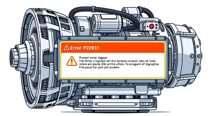 A detailed illustration of a robotic transmission box with a highlighted error code P2831 displayed on a diagnostic screen. The transmission box should be complex and visually represent mechanical components. The diagnostic screen should clearly show the error code and relevant information.