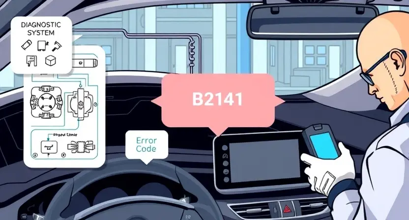 A detailed technical illustration of a car's diagnostic system showing error code B2141 on a vehicle's dashboard display, with wiring diagrams, sensors, and a mechanic using a diagnostic scanner near the engine compartment, all in a clean, professional automotive repair setting