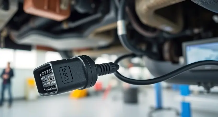 A close-up, high-quality technical photograph of a car's longitudinal acceleration sensor mounted on a vehicle chassis, with a diagnostic tool connected via an OBD-II cable, showing a clean automotive workshop background with soft lighting and no text or labels