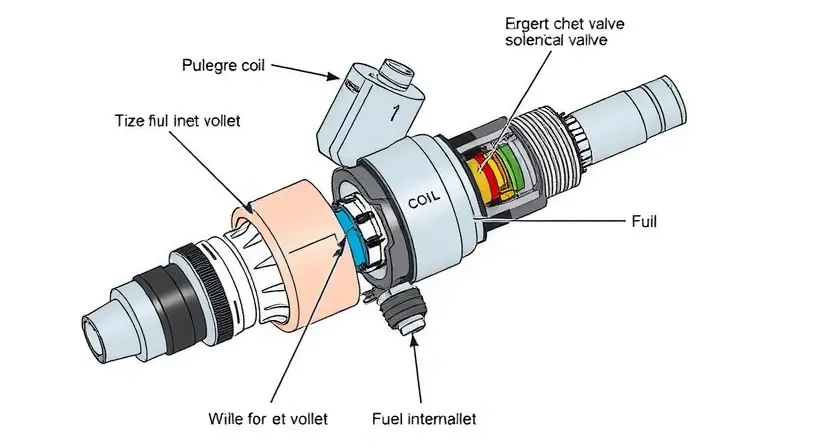 A detailed technical illustration of an automotive fuel injector solenoid valve and its wiring circuit, showing internal components like coil, plunger, and fuel inlet/outlet, with clear labels for electrical connections and fluid paths, rendered in a clean, schematic style suitable for diagnostic reference