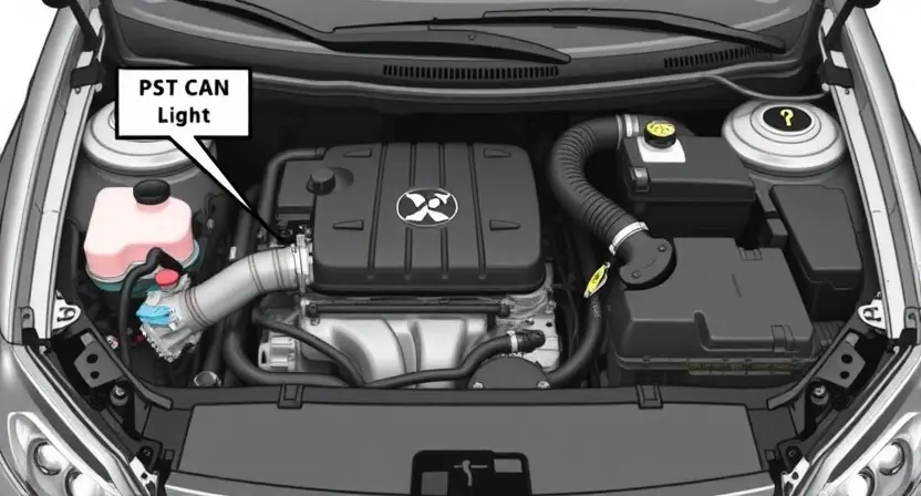 A detailed illustration of a car's engine bay, focusing on the catalytic converter and exhaust system. The image should clearly show the P0735 error code indicator light on the dashboard. Include visual cues representing potential causes like exhaust leaks or faulty sensors.