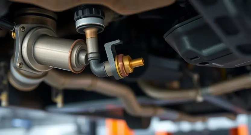 A close-up, detailed image of a car's exhaust system, specifically focusing on the oxygen sensor (lambda sensor). The sensor should be clearly visible, along with surrounding exhaust pipes and engine components. The image should convey a sense of automotive mechanics and diagnostics. The background should be blurred, suggesting a workshop environment.