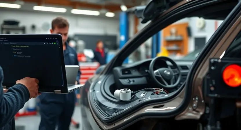 A detailed automotive diagnostic scene. A mechanic is using a laptop to read data from a car's onboard computer. The car's body is partially disassembled, revealing the area around the body position sensor. Focus on the sensor and its wiring. The background shows a well-lit auto repair shop with tools and equipment.