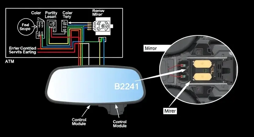 A detailed illustration of a car's rearview mirror system, highlighting the electrical connections and components involved. Show the wiring diagram with labels for each part, emphasizing the area where the B2241 error might occur. Include a close-up of the mirror assembly and the control module, with a focus on the circuit paths.