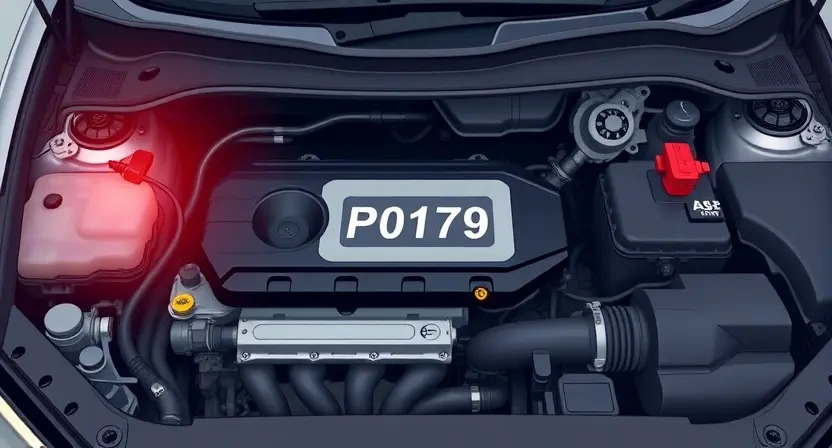 A detailed illustration of a car's engine bay with a visual representation of a P0179 error code light illuminated on the dashboard. Focus on the engine components, wiring, and the error indicator.