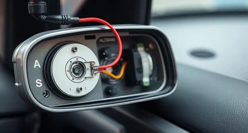 A detailed close-up of a car's side mirror with visible wiring and connectors, showing signs of wear or damage. The mirror should be partially disassembled to reveal the internal components, highlighting the feedback circuit. The background should be a generic car interior or exterior, slightly blurred to focus on the mirror.