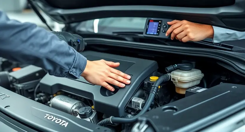 A close-up shot of a Toyota engine bay, focusing on the engine components. A mechanic is shown using a diagnostic tool connected to the engine. The background should show a clean and organized garage environment.