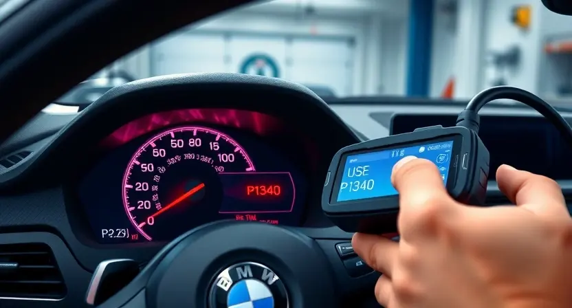 A high-quality technical illustration of a BMW vehicle dashboard displaying an illuminated engine warning light with the diagnostic code P1340 highlighted, showing a mechanic's hand holding an OBD-II scanner connected to the car's diagnostic port, clean modern automotive workshop background, precise details, professional lighting