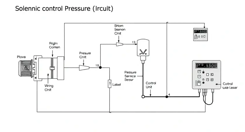 A detailed schematic diagram of a solenoid control pressure circuit, highlighting the solenoid, pressure sensor, control unit, and wiring. Include labels for each component and connection. The diagram should be clean and professional, suitable for technical documentation.