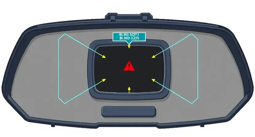 A high-quality technical illustration showing a radar module with blind spot malfunction, featuring clear visual indicators of error B2305, clean lines, professional diagnostic context, no text or numbers on image