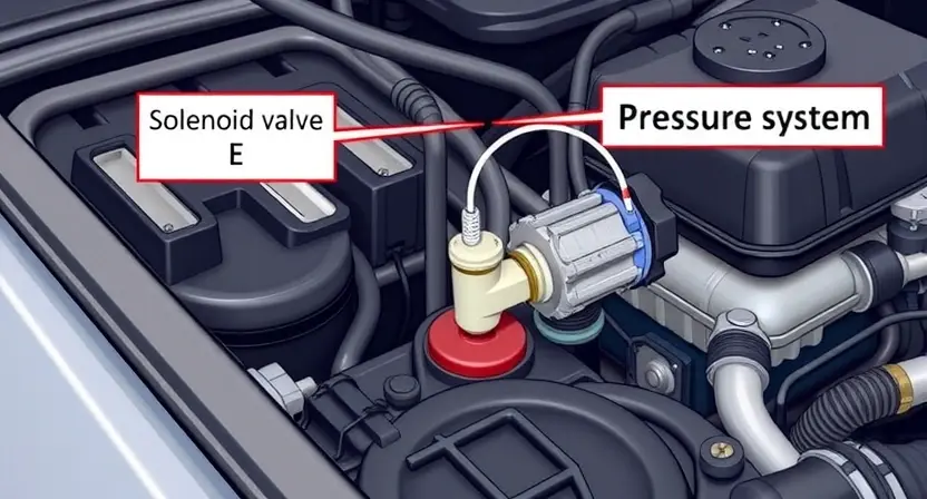 A detailed illustration of a car's engine compartment, focusing on the solenoid valve (E) and its connection to the pressure system. The image should clearly show the solenoid valve, its wiring, and the surrounding components. The background should be slightly blurred to emphasize the solenoid valve.