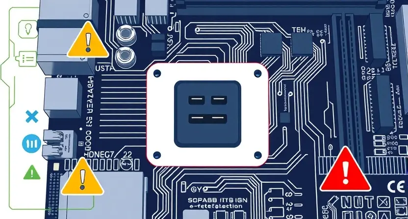 A high-quality technical illustration showing a computer motherboard with a highlighted USB port area, surrounded by subtle warning signs like an exclamation mark and a red error triangle, with a clean digital interface background and a faint overlay of a circuit diagram, all rendered in a professional technical style