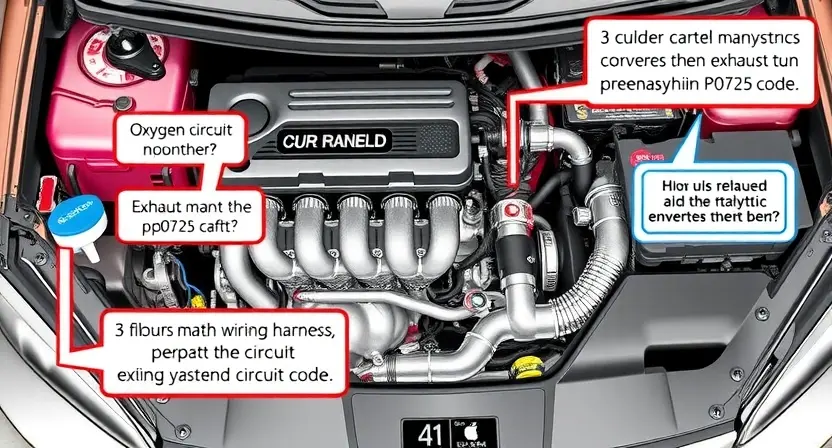 A detailed illustration of a car's engine bay, focusing on the components related to the exhaust system and the P0725 error code. Include visual representations of the exhaust manifold, catalytic converter, oxygen sensors, and wiring harness. The image should clearly depict the circuit related to the P0725 code.