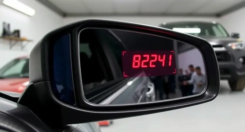 A close-up of a car's side mirror with a visible error code B2241 displayed on the mirror's built-in screen. The mirror should be slightly blurred to indicate it's not functioning properly. The car should be parked in a well-lit garage or driveway, with the background showing some car maintenance tools and equipment.