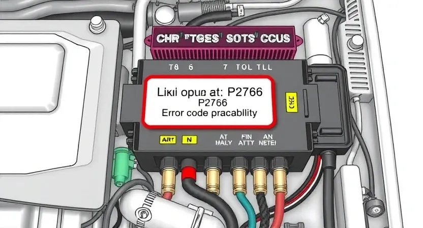 A detailed illustration of an automotive engine control unit (ECU) with various sensors and wiring, highlighting the P2766 error code indicator. The background should be a clean, technical environment.