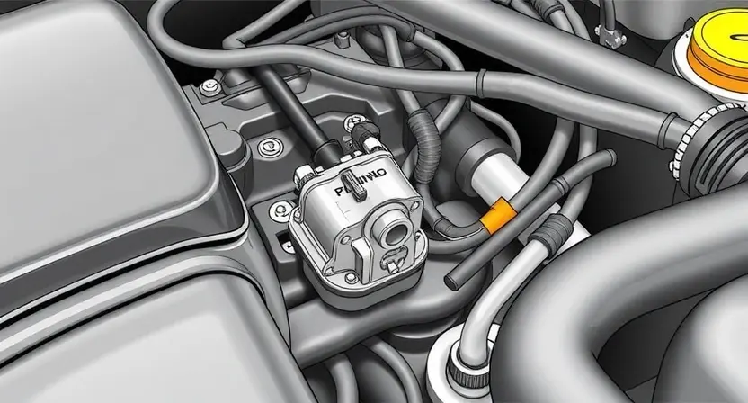 A close-up, detailed illustration of an engine bay with a focus on the throttle position sensor and associated wiring. The sensor should be clearly visible, along with the intake manifold and other relevant engine components. The image should convey a sense of technical precision and diagnostic inspection.