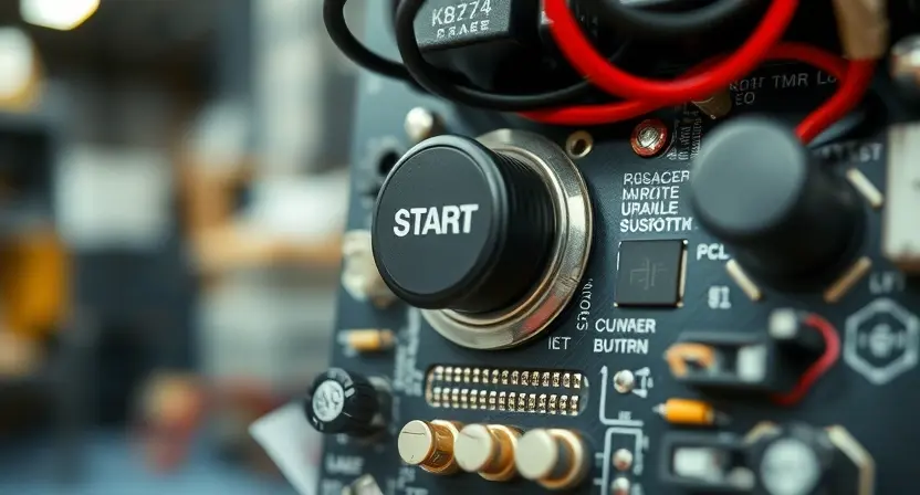 A close-up, detailed image of a circuit board with a faulty start button. The button is visibly damaged or disconnected. Wires and components are visible, highlighting the electrical connections. The background is a blurred industrial setting.