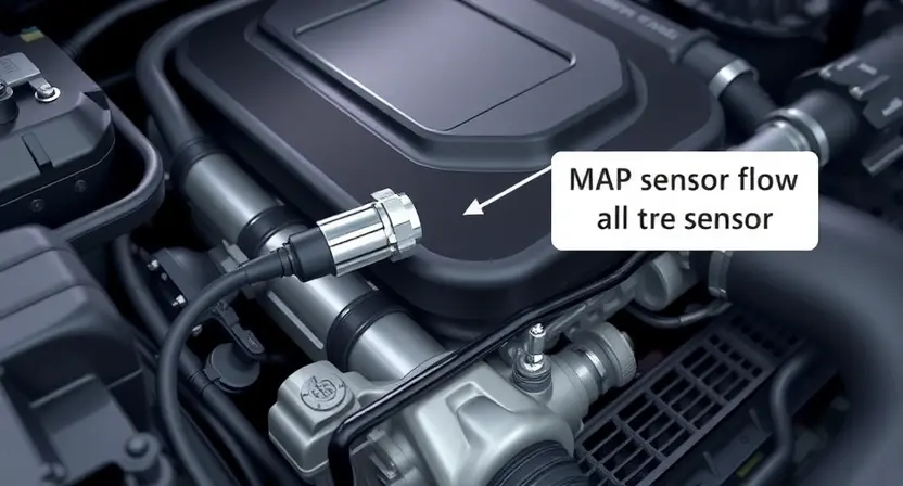 A close-up, detailed illustration of a car engine with a focus on the Manifold Absolute Pressure (MAP) sensor and its connection to the engine control unit (ECU). The engine should be clean and well-lit, showcasing the sensor's physical appearance. Include subtle visual cues representing air intake and exhaust flow.