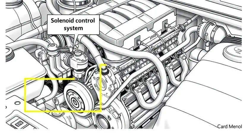 A detailed illustration of a Ford car engine with a highlighted solenoid control circuit, showing the solenoid's role in the ventilation system. The solenoid should be clearly labeled and depicted in a way that emphasizes its importance in the engine's operation. The image should include a close-up view of the solenoid and its connections to the engine's ventilation system.