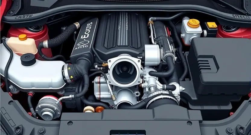 A detailed illustration of a car engine bay, focusing on the throttle body and its surrounding components. The image should clearly show the throttle body, air intake, and related hoses and sensors. The overall composition should be clean and well-lit, emphasizing the mechanical details. The engine should appear modern and well-maintained. Focus on the physical parts, not diagrams or schematics.