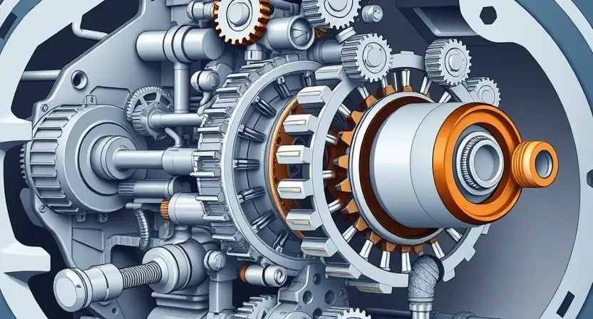 A detailed illustration of a transmission system with a close-up view of the friction element E. The image should highlight the internal components and the wear and tear on the friction element, indicating a potential mechanical problem. Focus on the intricate details of the gears, shafts, and the friction element itself.