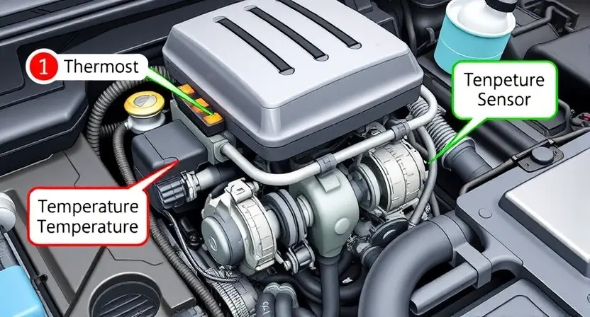 A detailed illustration of a car engine with highlighted components related to the cooling system and temperature sensors. The image should show the thermostat, coolant temperature sensor, and other relevant parts. The engine should be depicted in a cross-sectional view to clearly show the internal components. The illustration should be realistic and highly detailed, focusing on the technical aspects of the engine's cooling system.