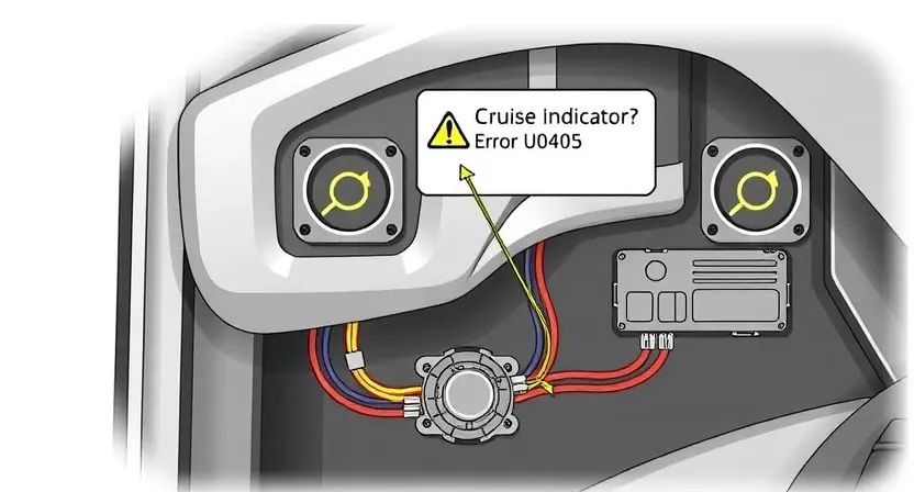 A detailed technical illustration of a car's cruise control system showing a warning indicator for error code U0405, with visible components like sensors, wiring, and control module, rendered in a clean, high-quality technical diagram style