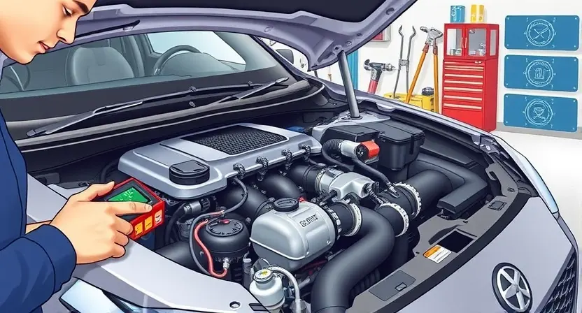 A detailed illustration of a car engine with a highlighted oxygen sensor, showing its location and connections. The image should depict a mechanic using a diagnostic tool to check the sensor's activity, with a focus on the sensor's placement and wiring. The background should include a clean, well-organized workshop setting with various automotive tools and equipment.