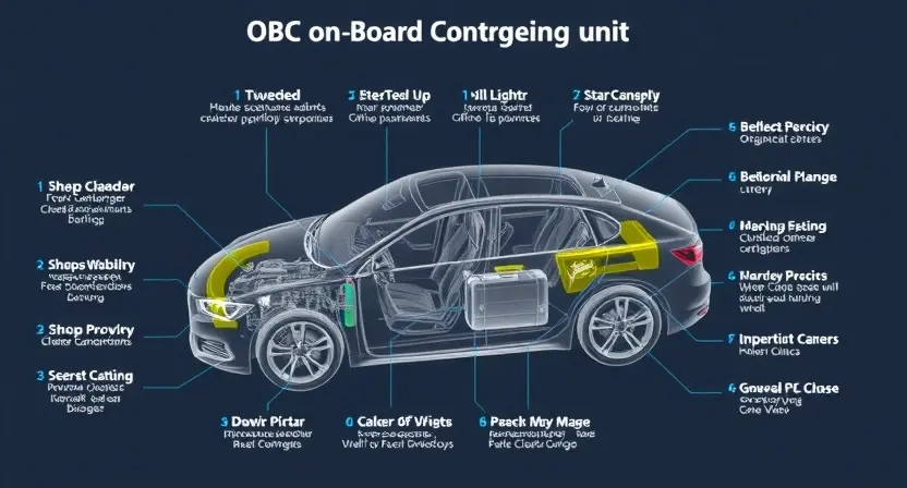 A high-quality technical illustration showing an automotive OBC (On-Board Charger) unit with clear labels and diagrams of its role and tasks, featuring clean lines, detailed components, and a professional engineering style