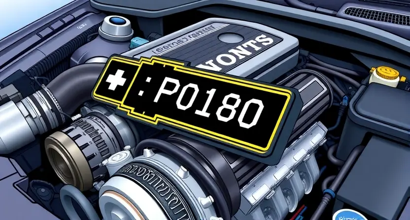 A detailed illustration of a car engine with a highlighted P0180 error code indicator. The engine should be realistically rendered, showing various components like pistons, valves, and belts. The P0180 code should be clearly displayed on a digital dashboard or a separate diagnostic screen within the engine bay. The background should be a slightly blurred image of a car interior.