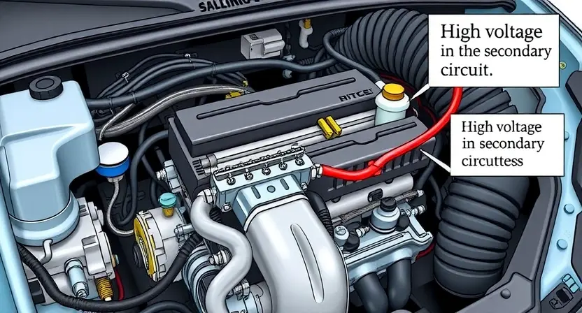A detailed illustration of a car's engine bay, focusing on the fuel system. Show the fuel rail, injectors, and wiring harness related to the secondary circuit. Highlight the potential issue of high voltage in the secondary circuit with visual cues like a slightly brighter or more stressed-looking wire.