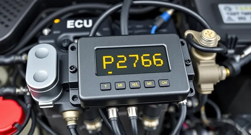 A detailed illustration of an automotive engine control unit (ECU) with various sensors and wiring. Focus on the diagnostic interface displaying an error code P2766. The background should be a clean, technical environment.