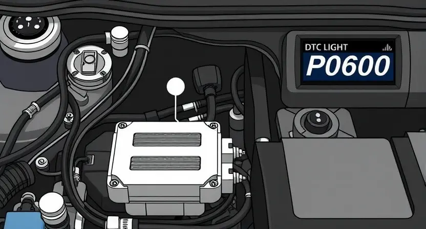 A detailed illustration of a car's engine bay with various components clearly visible. Focus on the wiring harness and the engine control unit (ECU). Include a visual representation of a diagnostic trouble code (DTC) light illuminated on the dashboard, next to a display showing "P0600". The overall aesthetic should be clean and informative, suitable for a technical guide.