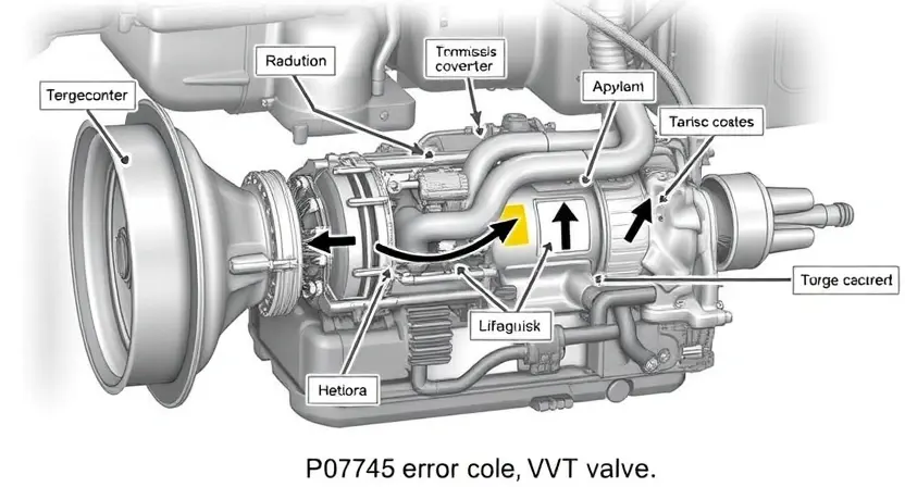 A detailed illustration of a car's transmission system, highlighting the torque converter, VVT valve, and related components. Focus on clear labeling of parts and visual representation of the P0745 error code's impact on the system.