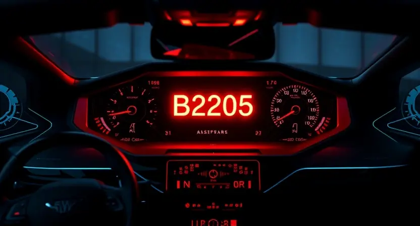 A futuristic car dashboard with a glowing red warning light displaying 'B2205' in bold digital font, surrounded by abstract circuit patterns and safety symbols like airbags and seatbelts, high-tech interior, dark ambient lighting with subtle blue accents, cinematic realism, ultra-detailed, 8K resolution