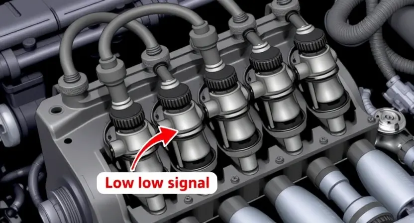 A detailed illustration of an engine cylinder head with fuel injectors, showcasing a close-up view of the injector nozzles and their connection to the fuel rail. The image should highlight the potential issue of low signal, with subtle visual cues indicating a problem with the injector's electrical connection or internal components. Focus on technical accuracy and clarity.