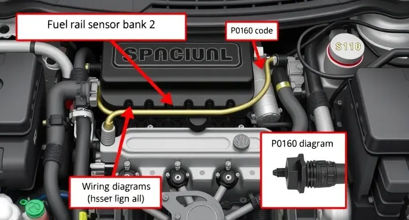 A detailed illustration of an automotive engine bay, focusing on the area around the fuel rail and sensor bank 2. The image should depict wiring diagrams, sensor locations, and potential issues related to a P0160 code. Include visual representations of the sensor itself and its connection to the engine control unit (ECU). The overall style should be technical and informative, suitable for a repair manual.