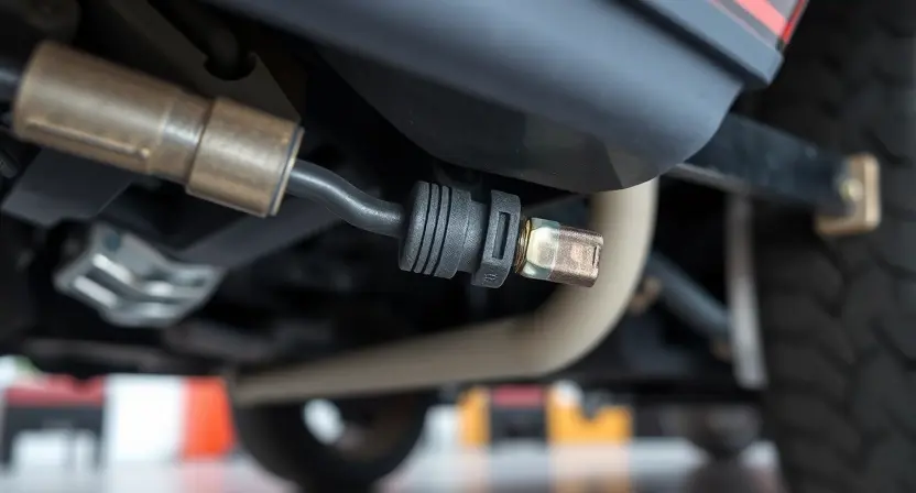 A close-up image depicting a car's undercarriage, specifically focusing on the area around the wheel well and sensor. Highlight the wiring harness and connections to the sensor. Show a slightly corroded or loose connection to indicate a potential problem. The background should be a blurred garage setting.